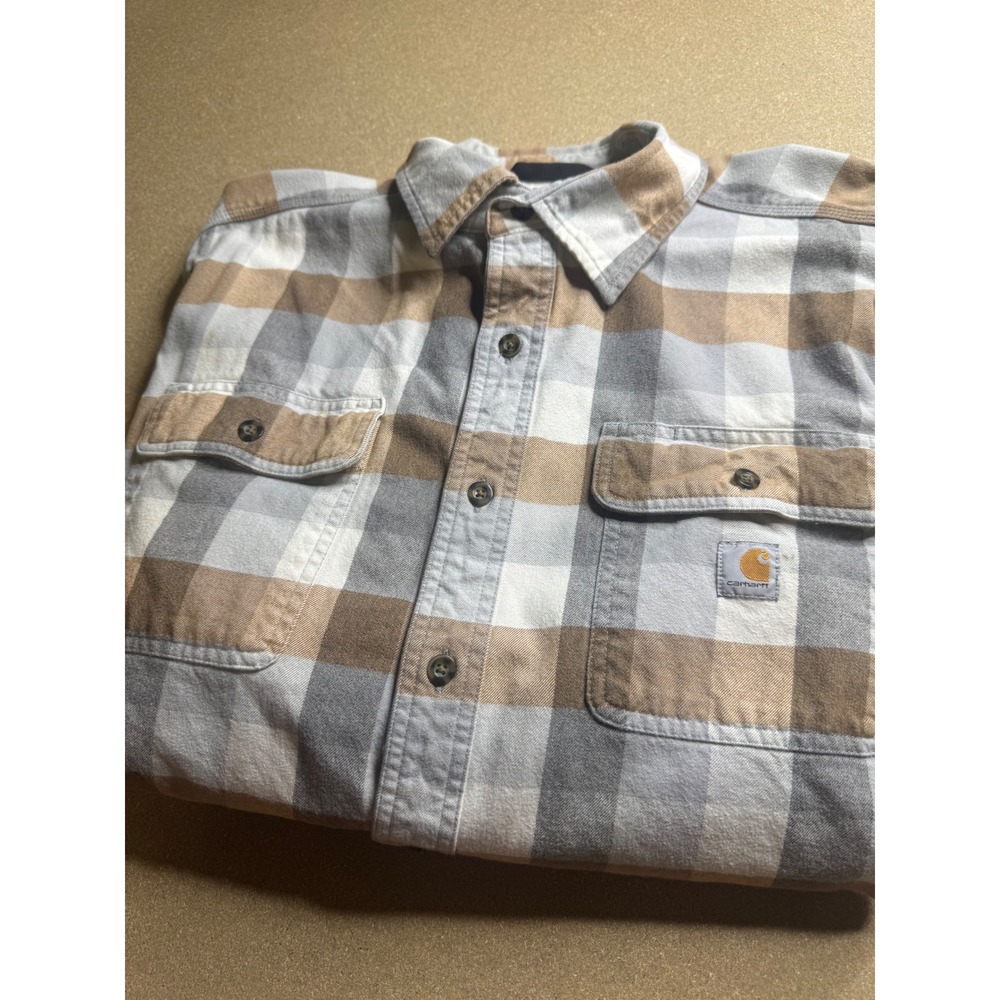 Carhartt Mens Loose Fit Plaid Flannel Shirt Tan Grey 105078 Large Tall L Tall